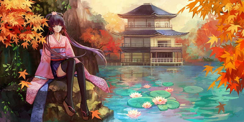 Lotus Pond, pretty, house, sweet, floral, nice, anime, temple, beauty, anime girl, vocaloids, long hair, lovely, sexy, building, cute, water, oriental, lily, chinese, maiden, lotus, bonito, blossom, hot, vocaloid, female, Luo Tianyi, lily pad, water lily, pond, girl, pagoda, flower, lady, HD wallpaper