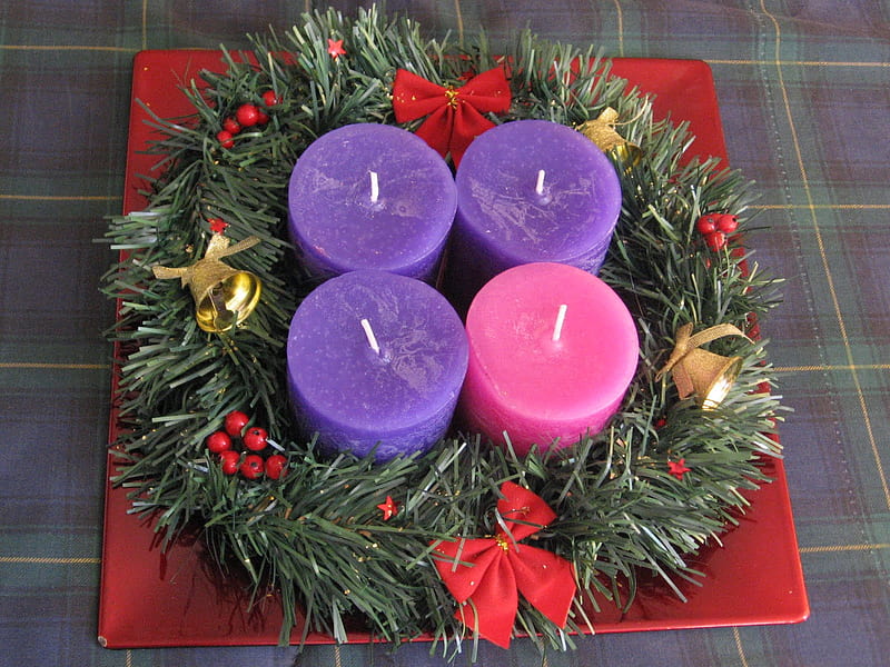 ☆ Advent wreath ☆, red, lavender, bonito, bow, hope, green, love, arrangement, tree crown, pink, centerpiece, holiday, christmas, happiness, ribbon, candles, purple, entertainment, violet, fashion, HD wallpaper