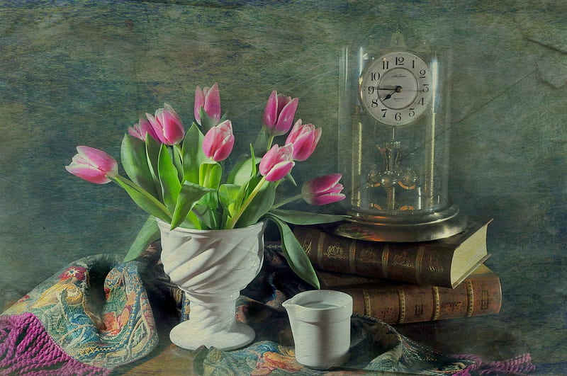 Quarter of Eight, shawl, still life, books, vase, cup, clock, tulips, HD wallpaper