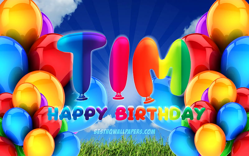 Tim Happy Birtay cloudy sky background, popular german male names, Birtay Party, colorful ballons, Tim name, Happy Birtay Tim, Birtay concept, Tim Birtay, Tim, HD wallpaper