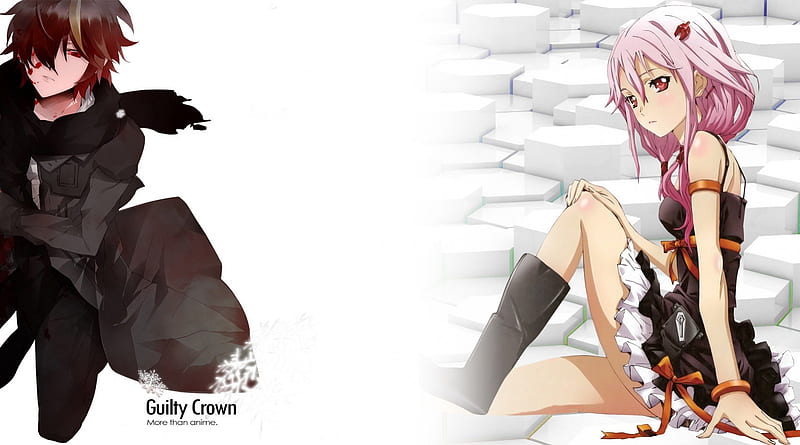 Guilty Crown-Shu and Inori, pretty, guilty crown, boot, shu, suffering, wall, blood, whitebackground, jacket, sitnnig, sitting, inori, dresss, pink hair, HD wallpaper