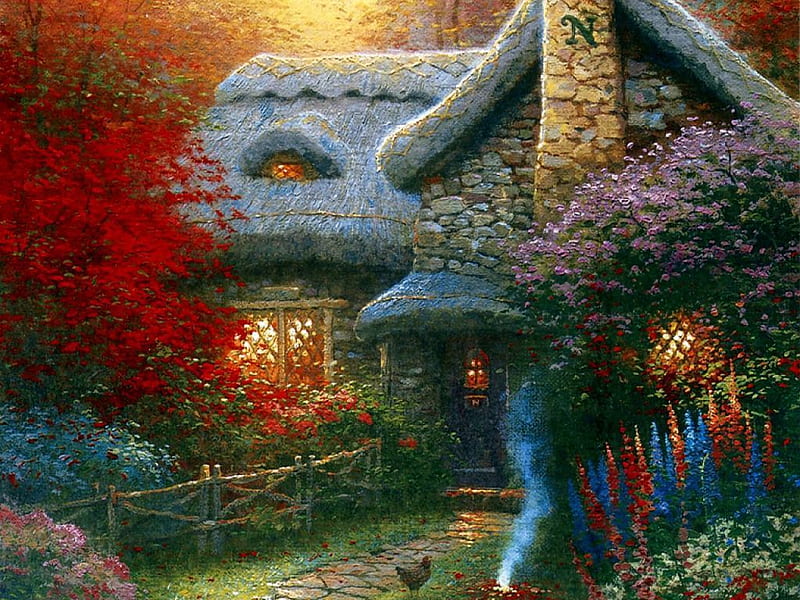 thomas-kinkade-autumn-at-ashley-cottage, art, cottage, painting, nature, thomas kinkade, HD wallpaper