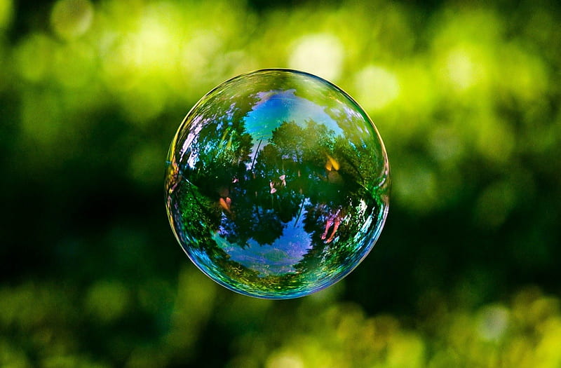 Perfectly Round, soap, bubble, floating, trees, abstract, thin, water, green, day, nature, reflecting, light, HD wallpaper