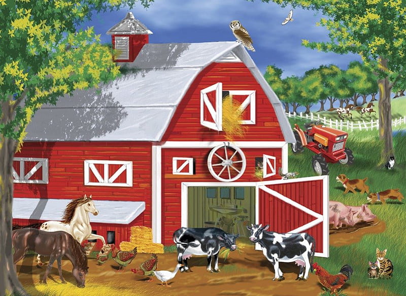 Barnyard and animals, fence, tractor, trees, animals, barn, HD wallpaper