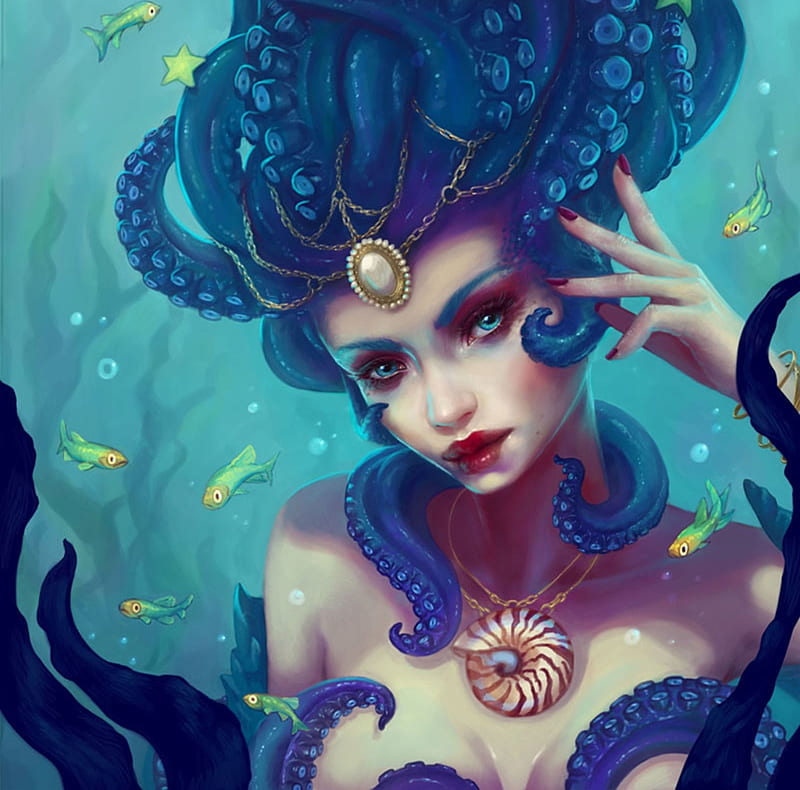 Mermaid, indigo, blue, eva toker, fish, luminos, vara, fantasy, girl ...