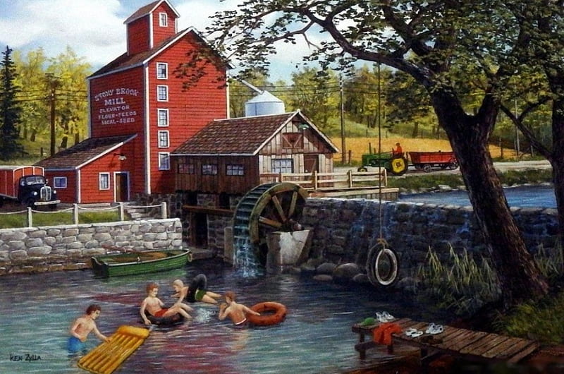 Lazy Days Of Summer, watermill, mill, people, painting, river, artwork, HD wallpaper