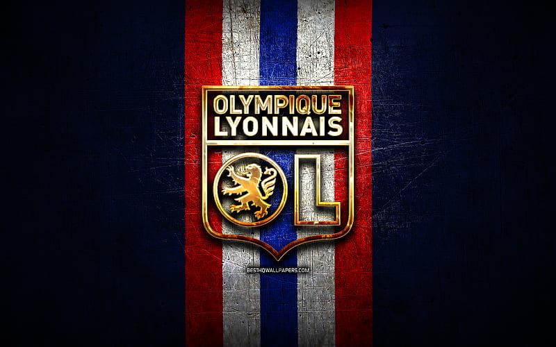 Olympique Lyonnais, golden logo, Ligue 1, blue metal background, football, Olympique Lyonnais FC, french football club, Olympique Lyonnais logo, soccer, France, OL logo, Lyon, HD wallpaper