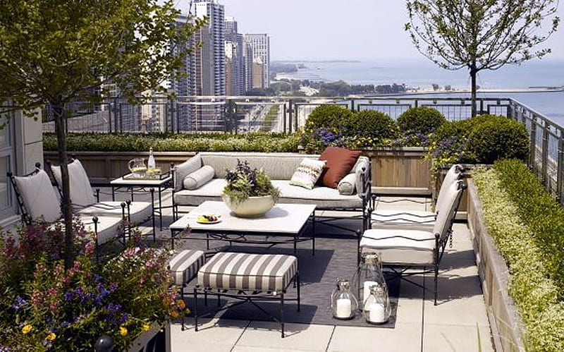 Terrace with a View, furniture, city, trees, terrace, HD wallpaper