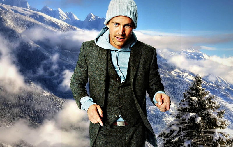 Paul Walker, christmas, man, by cehenot, sky, clouds, winter, hat, tree, mountains, white, actor, blue, HD wallpaper