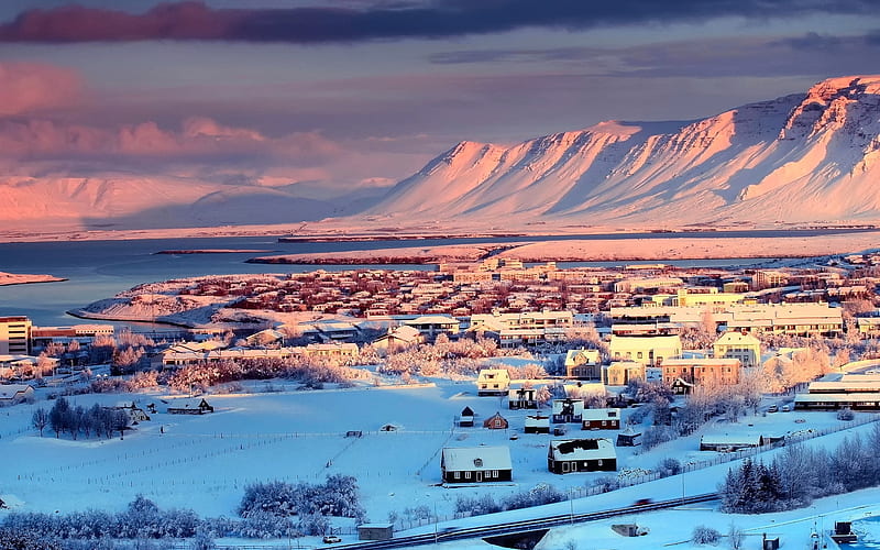 Reykjavik, panoramic, snow, winter, Iceland, HD wallpaper