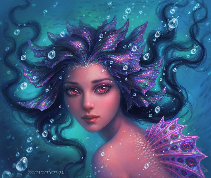 Mermaid, siren, pink, blue, frumusete, luminos, marurenai, fantasy ...
