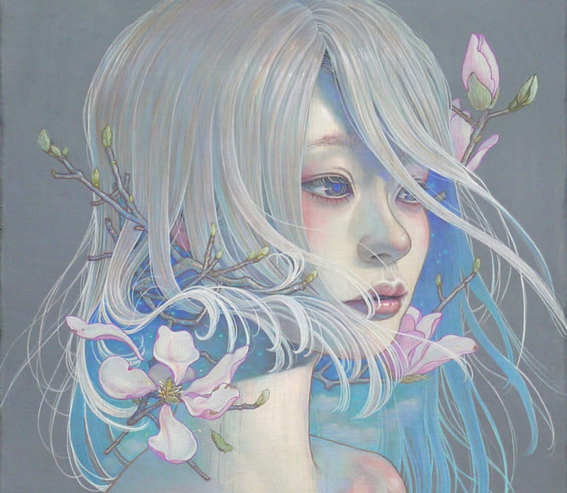 Magnolia, luminos, asina, spring, fantasy, girl, gris, flower, miho hirano, face, pink, blue, HD wallpaper