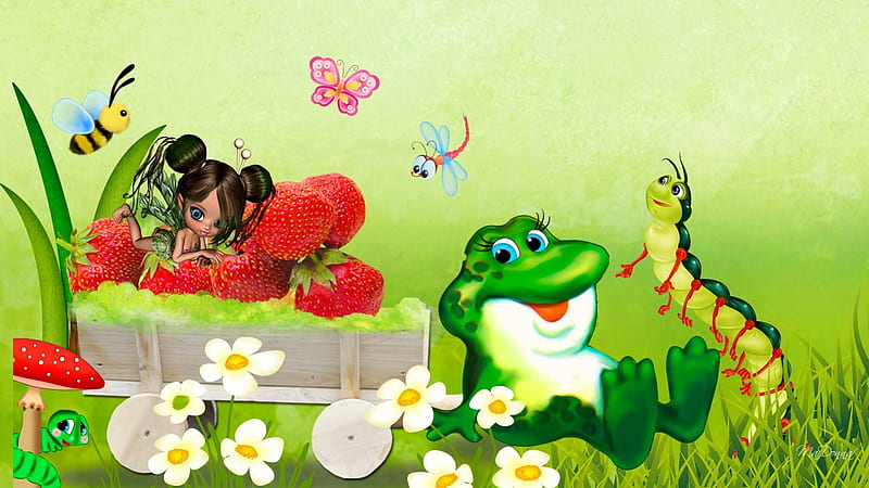 Strawberry Fairy and Frog, harvest, elf, centipede, mushroom, butterflies, bees, pixie, frog, bug, fantasy, whimsical, flowers, strawberries, fairy, HD wallpaper
