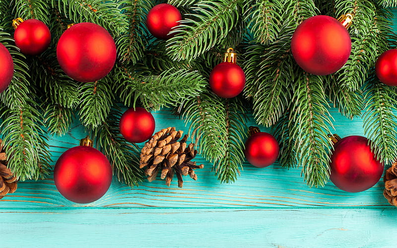 Christmas background with red balls, Christmas tree, New Year, Red Christmas balls, blue wood planks, HD wallpaper