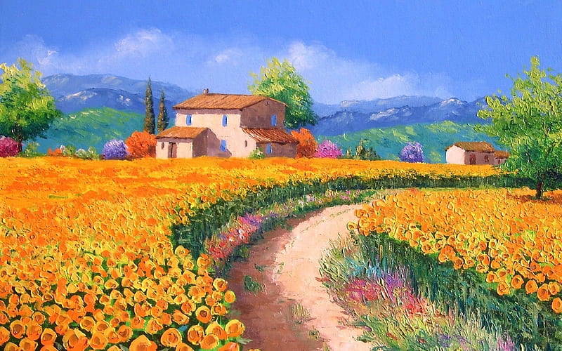 jean-marc janiaczyk, french impressionist painter, sunflower path, HD wallpaper