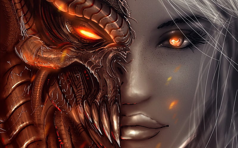 Demon face, orange, diablo III, game, woman, fire, demon, fantasy, girl, face, HD wallpaper