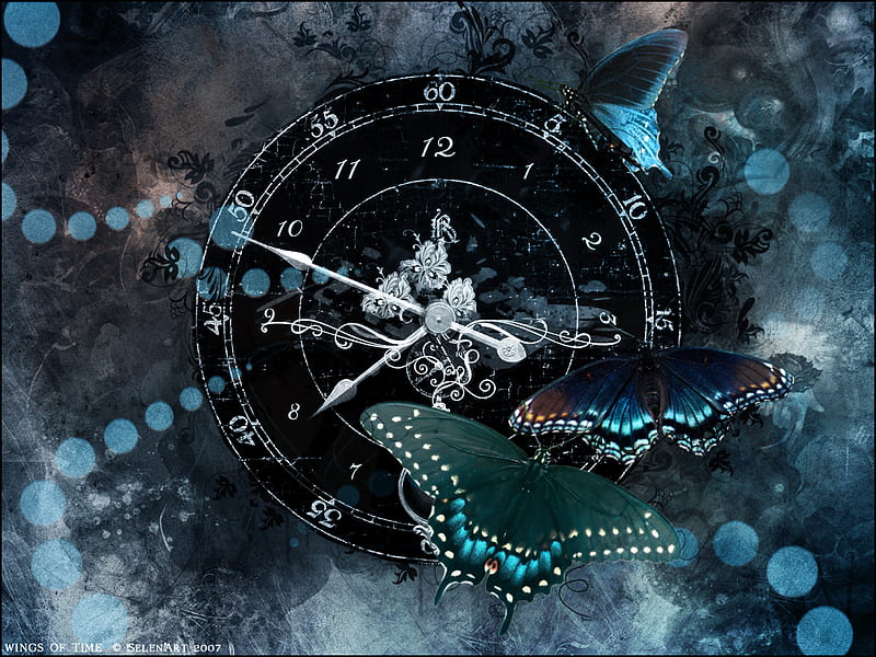 Wings of Time, wings, butterfly, time, timp, clock, abstract, aripi, blue, HD wallpaper