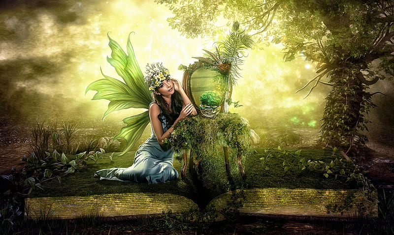 The book and the fairy, Fairy, dreamy, fantasy, fantasy land, green ...