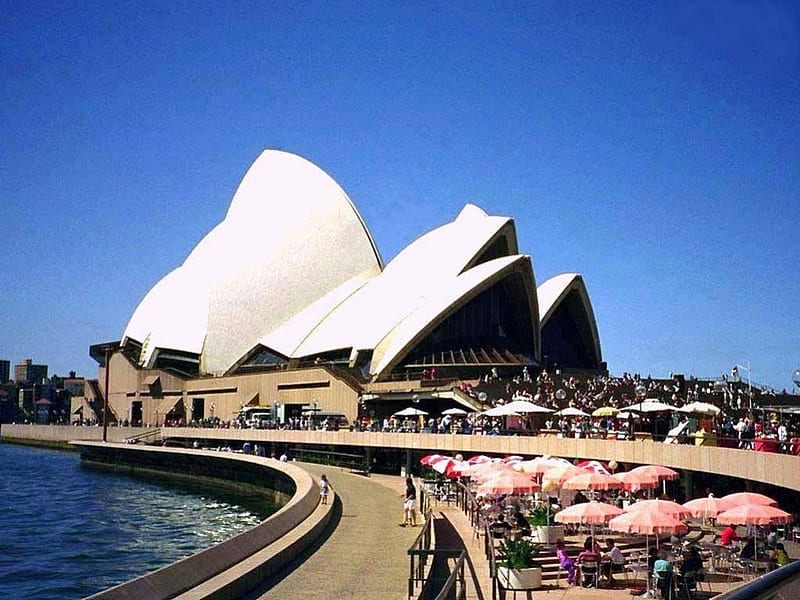 Sydney Opera House, walkway, harbour, australia, dining area, opera house, sydney, HD wallpaper