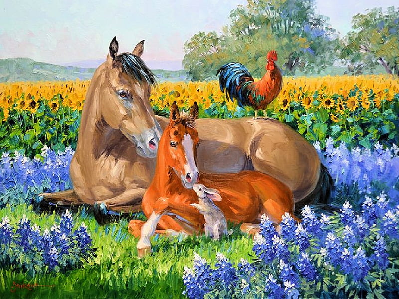 The Year Of The Family, rooster, rabbit, painting, flowers, foal, horse, artwork, meadow, HD wallpaper