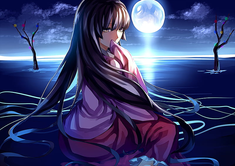 Houraisan Kaguya Touhou Luna Kimono Noche Agua Pelo Largo Anime Fondo De Pantalla Hd 9051
