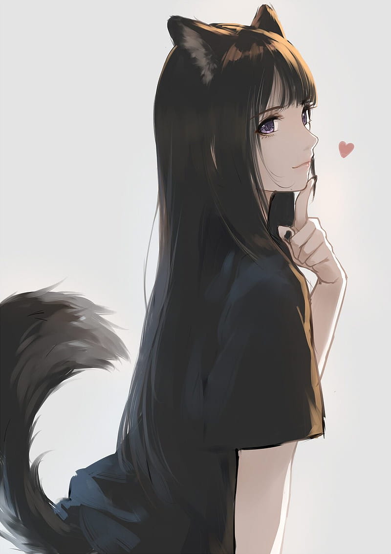 wolf girls, black t-shirt, straight hair, anime girls, anime, tail, Heart (Design), animal ears, dark hair, HD phone wallpaper