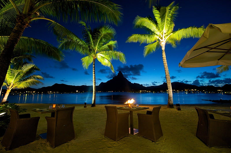 Romantic Beach Dining, polynesia, dusk, candlelight, sunset, twilight, sea, palm trees, beach, bora bora, sand, evening, south pacific, night, exotic, islands, romantic, romance, ocean, candles, paradise, island, tahiti, tropical, HD wallpaper