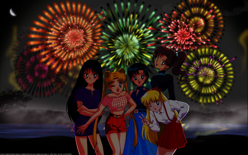 Sailor Moon Fireworks, minako, makoto, rei, anime, fireworks, sailor moon, ami, usagi, HD wallpaper
