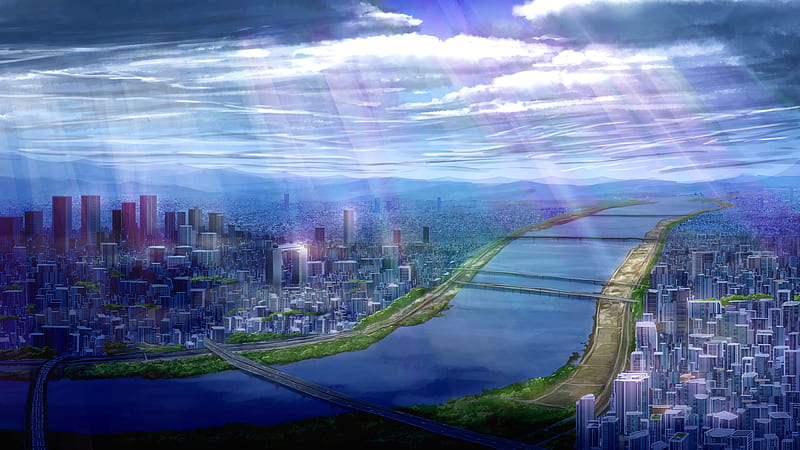anime cityscape, river, scenic, sunrays, clouds, sky, Anime, HD wallpaper