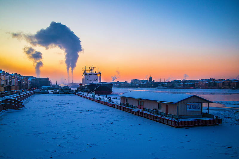St. Petersburg in Winter, ship, snow, baltic sea, port, ice, sunset, HD wallpaper