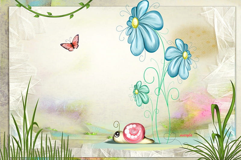 Snail and butterfly, snail, grass, spring, cartoon, butterfly, flowers,  nature, HD wallpaper | Peakpx