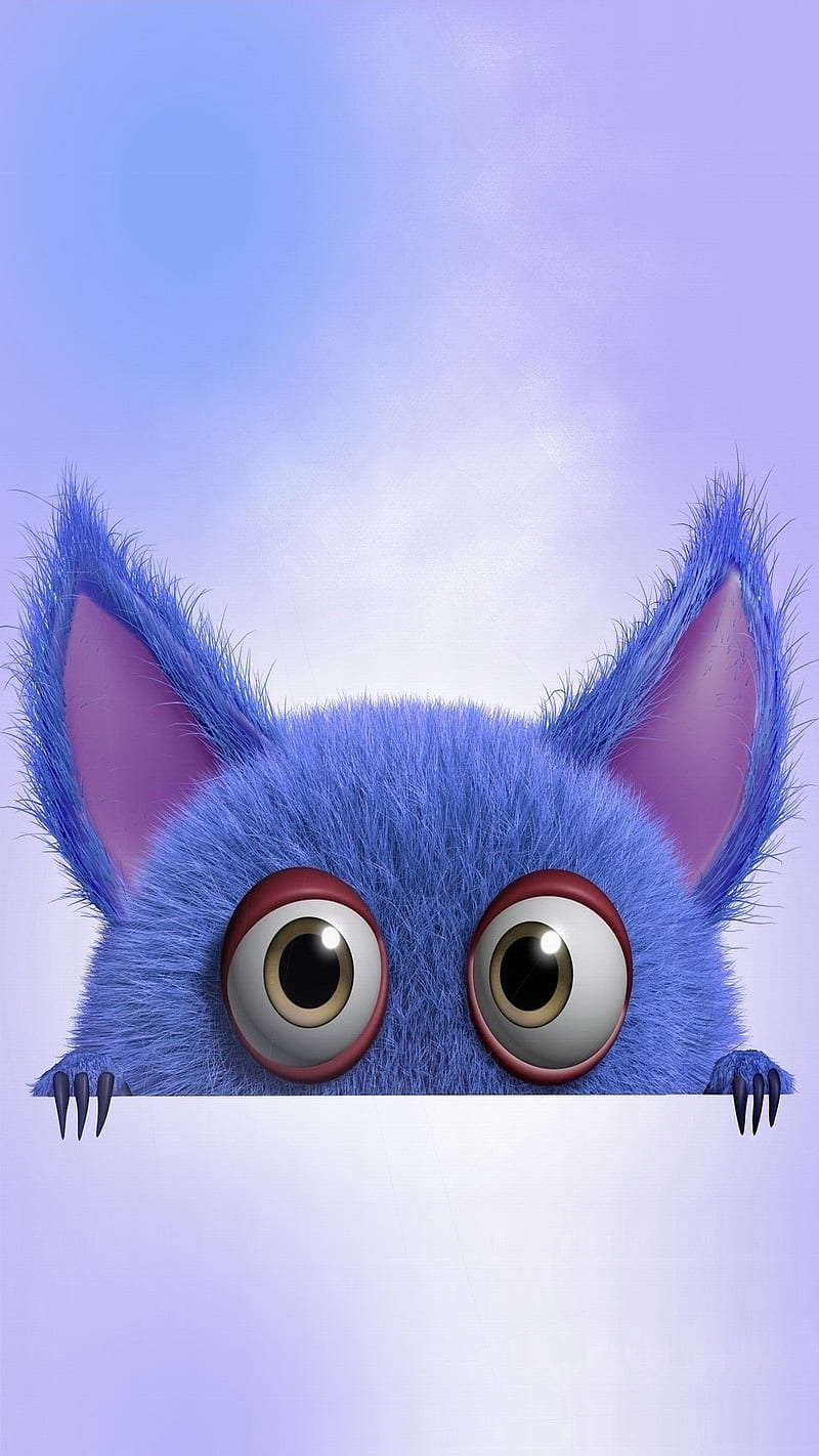blue monster, animal, art, cartoon, cute, desenho, eyes, fur, HD phone wallpaper