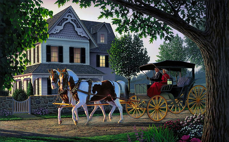 Home, sweet home!, family, art, house, chariot, home, bonito, horse, carriage, sweet, countryside, painting, peaceful, HD wallpaper