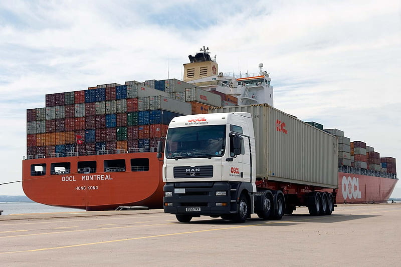 man, truck, ship, container, HD wallpaper