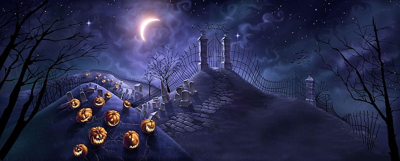 Halloween Hill, carved, moon, hill, pumpkins, light, HD wallpaper