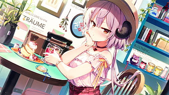 anime girl, pouty, pink hair, horns, cute, cafe, dessert, Anime, HD wallpaper