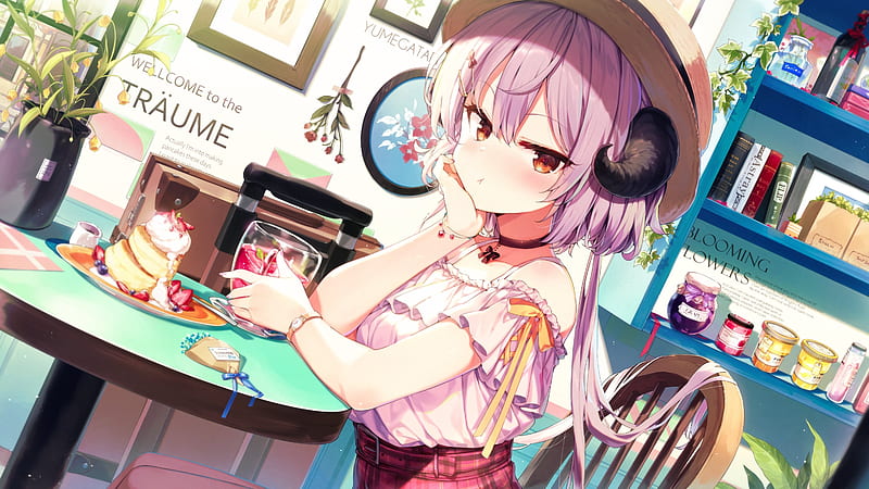 Anime girl, pouty, pink hair, horns, cute, cafe, dessert, Anime, HD  wallpaper | Peakpx