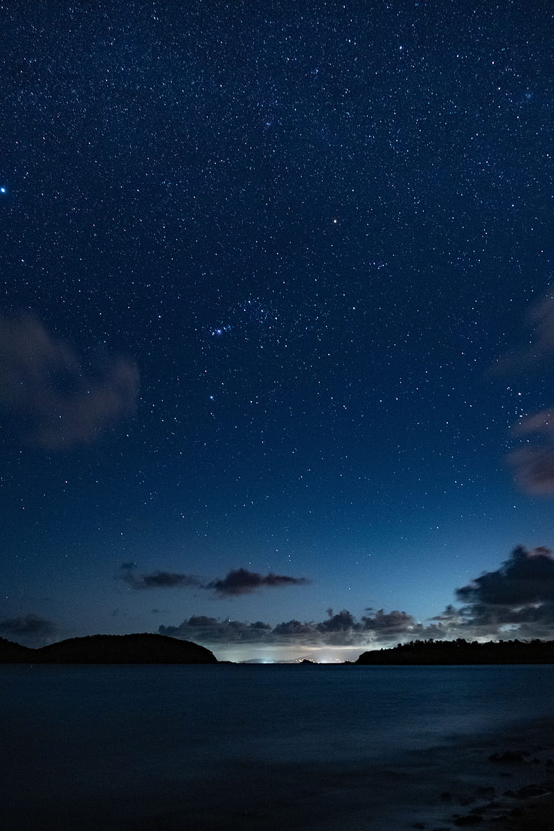 starry sky, night, horizon, island, stars, shine, HD phone wallpaper