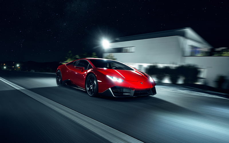 Lamborghini Huracan, 2018, Novitec Torado, red supercar, tuning, night, road, speed, new red Huracan, Italian sports cars, Lamborghini, HD wallpaper