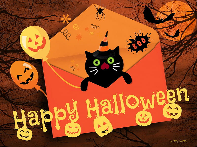 ☻ Happy Halloween to Everybody ☻ , bats, halloween, cat, spider, halloween letter, jack-o-lantern, boo, balloon, moon, pumpkin, funny, halloween night, HD wallpaper