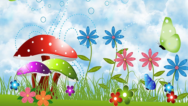 Country Spring, grass, mushroom, summer, flowers, firefox persona, spring, butterflies, sky, HD wallpaper