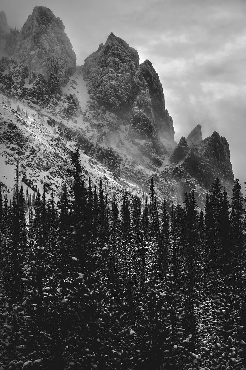 bw, mountains, rocks, snow, HD phone wallpaper