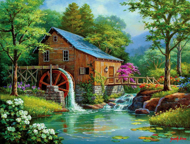 Song of Summer, river, watermill, trees, painting, flowers, artwork, HD wallpaper