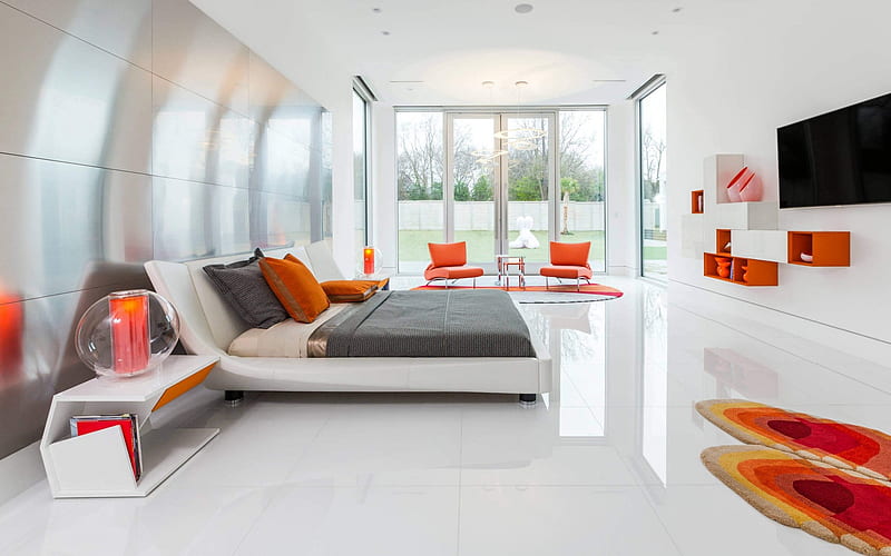 bedroom, modern stylish design, minimalism, glossy white floor, reflection, orange bedroom, HD wallpaper