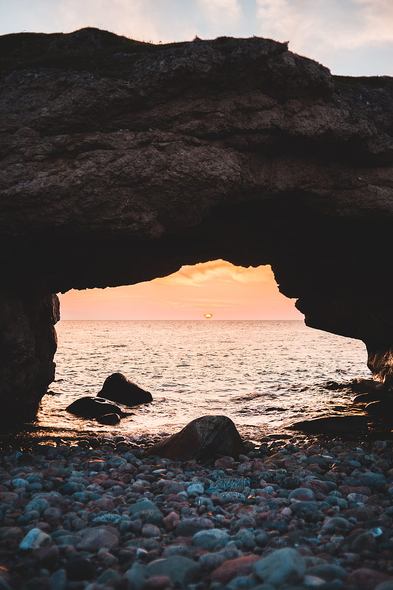 arch, stones, pebbles, sea, coast, sunset, HD phone wallpaper
