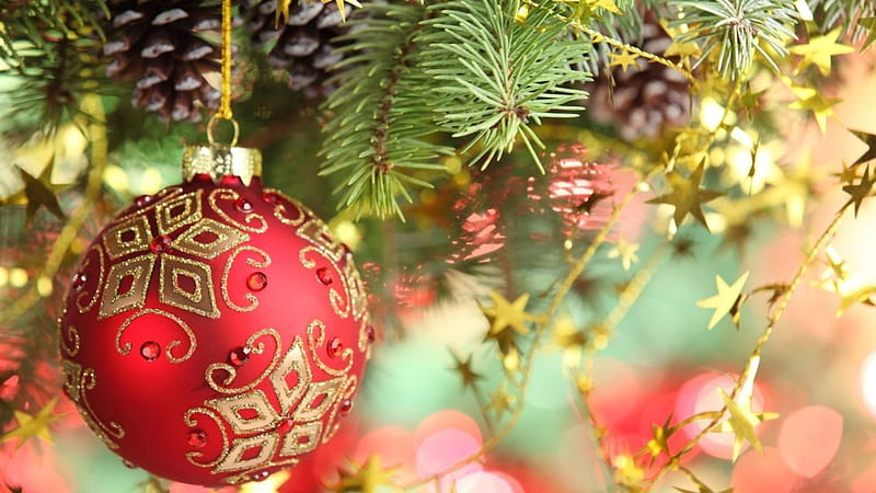 Christmas Special!♡, globe, stars, christmas tree, golden, branches, pinecones, HD wallpaper