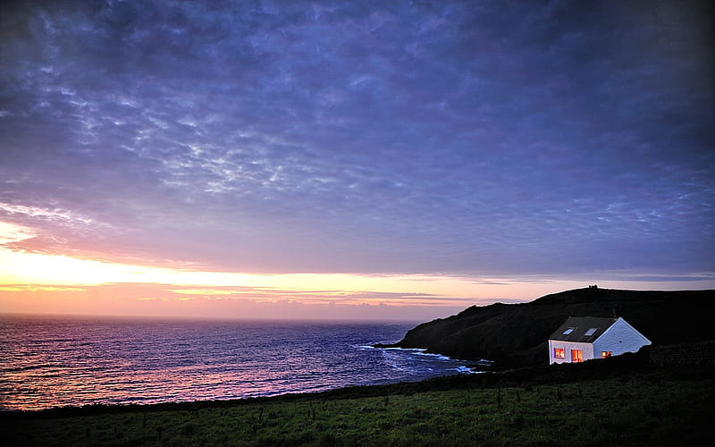 Lovely View, colorful, house, grass, cottage, bonito, sunset, clouds, sea, lights, splendor, green, beauty, sunrise, reflection, amazing, lovely, view, houses, ocean, colors, waves, sky, purple, peaceful, nature, landscape, HD wallpaper Lovely View, colorful, house, grass, cottage, bonito, sunset, clouds, sea, lights, splendor, green, beauty, sunrise, reflection, amazing, lovely, view, houses, ocean, colors, waves, sky, purple, peaceful, nature, landscape, HD wallpaper