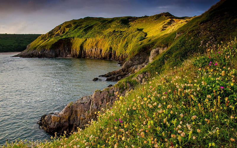 coast, rocks, waves, ocean, Celtic Sea, United Kingdom, Bristol Bay, Three Cliffs Bay, Gower Peninsula, HD wallpaper