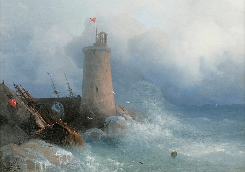 On the rocky shore, art, water, shore, rocky, painting, ivan aivazovsky, sea, lighthouse, pictura, HD wallpaper