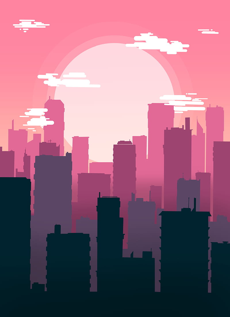 City, aesthetic, orange, moon, pink, soft colour, HD phone wallpaper
